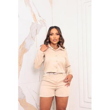 Imagem de Conjunto alfaiataria social, croped manga longa e short - ETEZO, Bege,