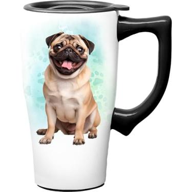Imagem de Spoontiques Pug Caneca de café de cerâmica para viagem com tampa e alça - tampa à prova de derramamento - Caneca de parede dupla para bebidas quentes e frias - Seguro para micro-ondas e lava-louças