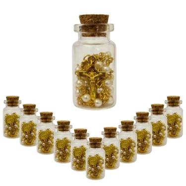 Imagem de 12 Lembrancinhas Garrafinhas de Vidro com Terço de São Bento Batizado, Crisma, Primeira Comunhão (Dourado/Pérola)