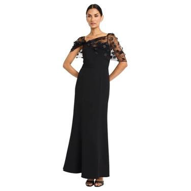 Imagem de Maggy London Vestido feminino formal com cintura império nas costas em V - vestido maxi com aplique floral transparente - vestido de noite, Preto, 42