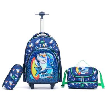 Imagem de Mochila Escolar com Rodinhas, Lancheira e Estojo, Estampa de Tubarão Surfista, Azul Marinho