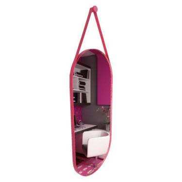 Imagem de Espelho com Alça 76x43 Oval Couro Decorativo Moderno - Diretoo, Rosa