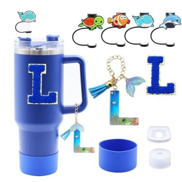 Imagem de Liangang Conjunto de acessórios de copo Stanley azul oceano, 9 peças, incluindo bota, tampa à prova de derramamento, 4 peças de capa de canudo de animais, pingente de alça de iniciais e carta adesiva
