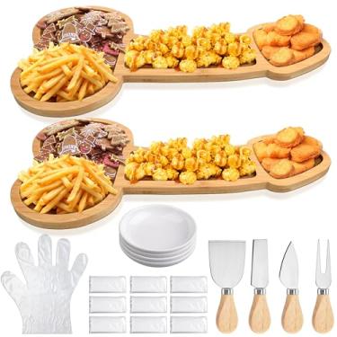 Imagem de Conjunto grande de tábuas de charcutaria divertidas, incluindo 2 bandejas grandes de aperitivo de bambu, 4 facas, 4 pratos de molho e 10 luvas descartáveis, presentes fofos de inauguração de casa para