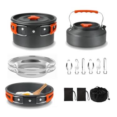 Imagem de Conjunto de Panelas de Acampamento, Pratos de Acampamento Sem Barro Com Vasos de Alumínio e Frigideiras para Acampamento Viagens de Mochila (ORANGE)
