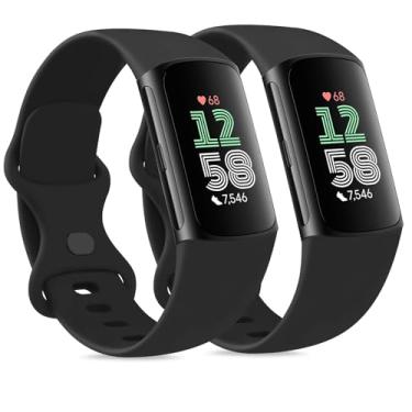 Imagem de Pacote com 2 pulseiras esportivas de substituição para Fitbit Charge 6 para Fitbit Charge 5, monitor de fitness e saúde (preta/preta, grande)