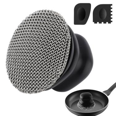 Imagem de Esfregão de ferro fundido com alça ergonômica, esfregão de frigideira de ferro fundido 316 para panelas de ferro fundido, 1 limpador de corrente e 2 raspadores de grelha para limpeza segura