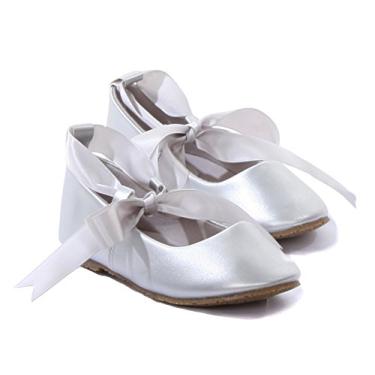 Imagem de Sapatilha bailarina deslumbrante iGirlDress com laços de fita de cetim, Prata, 11 Little Kid
