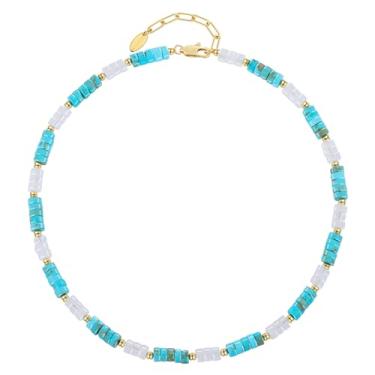 Imagem de NVWAROCK Colar de pedras preciosas com contas para mulheres e meninas, gargantilha de contas colorida boho praia feita à mão, banhado a ouro 14 K empilhável boêmio multicolorido colar de pedra natural, Pedra, Turquesa