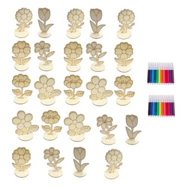 Imagem de Esquirla 24 peças Flores de madeira kit de brinquedo para colorir Diy Ornamentos pintáveis ​​Decoração de flores 3D Material de artesanato pré -escolar adultos