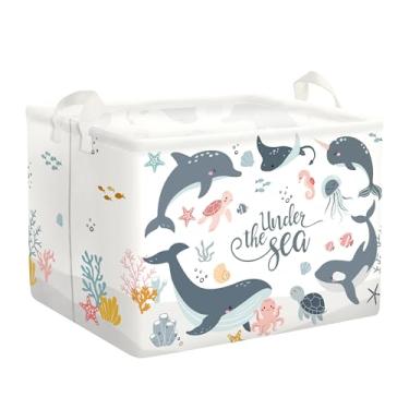 Imagem de HUUMONSS Cesto de roupa suja dobrável para bebês animais marinhos cesta de armazenamento grande para meninos meninas caixa de brinquedo para quarto de bebê, golfinhos azuis, 36L