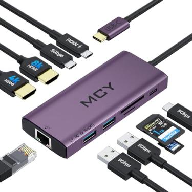Imagem de MCY Estação de ancoragem para laptop único 8K, monitor duplo 4K a 60Hz, hub Ethernet USB C 10 em 1, vários adaptadores USB-C para HDMI PD100W, porta de dados USB, SD/TF, base dongle tipo C para