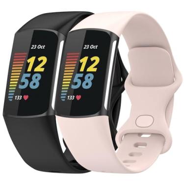 Imagem de Anuoli Pacote com 2 pulseiras compatíveis com Fitbit Charge 6 Charge 5, pulseira de substituição de silicone macio para mulheres e homens (preto_rosa, grande (18 cm a 23 cm)