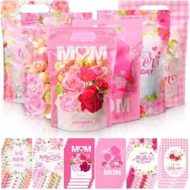 Imagem de Kosiz 60 peças de sacos de presente de Dia das Mães com alças de plástico rosa flor mãe doces doces doces sacos de biscoito para tema do dia das mães floral lembrancinhas de festa suprimentos