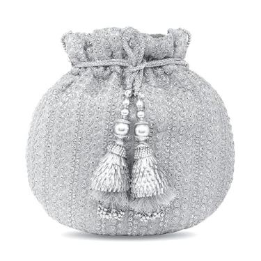 Imagem de Aheli Bolsa Potli bordada de presente para mulheres, bolsa étnica feita à mão, bolsas noturnas, estilosa, bolsa clutch fashion, Prata 5