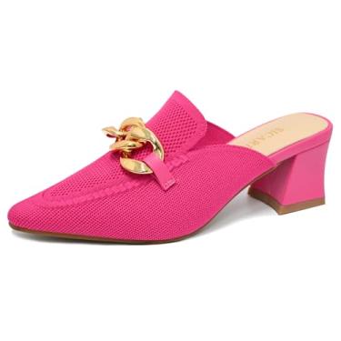 Imagem de SICARE Mules de salto para mulheres, bico fechado, salto grosso, mulas, malha elástica, bico fino, sandálias confortáveis, sem cadarço, sandálias deslizantes para negócios e uso diário, Rosa choque