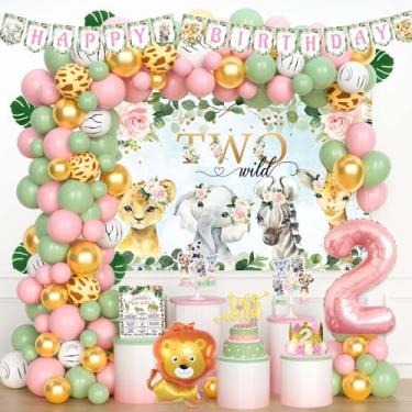 Imagem de Fiesec Duas Decorações De Aniversário Selvagens Para Meninas, Tema De Animais De Safari Na Selva, Decorações De Segunda Festa, Pano De Fundo, Balões, Banner, Bolo, Cupcake, Topper, Pôster, Coroa, Leão