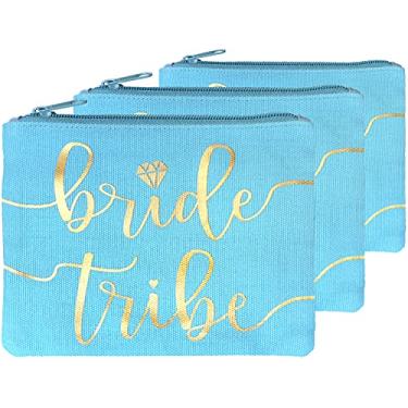 Imagem de Sacos de maquiagem da Tribo da Noiva - Favor de dama de honra para festa de despedida de solteira, chá de panela, casamento. Bolsa de cosméticos/artigos de higiene, kit de sobrevivência de casamento, kit de ressaca, lembrança, Azul, 3pc Bride Tribe