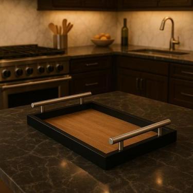 Imagem de Bandeja Retangular Café da Manhã com Alça Inox 25x46cm Preto/Imbuia - 