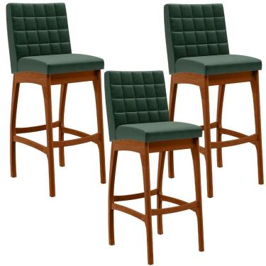 Imagem de Kit 3 Banquetas Altas Fixa Mila L02 Madeira Eucalipto Assento Estofado Plástico Verde musgo Lyam Decor