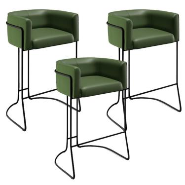 Imagem de Kit 03 Banquetas Fixa Alta Betina D02 B-89 Aço Assento Couro Sintético Preto Lyam Decor