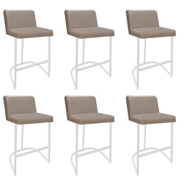 Imagem de Kit 06 Banquetas Com Encosto Nynna Luxo Confort Bistrô Cozinha Ferro Branco Suede Bege - Amey Decor