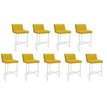 Imagem de Kit 09 Banquetas Com Encosto Confort Bistrô Cozinha Ferro Branco Suede Amarelo Amey Decor