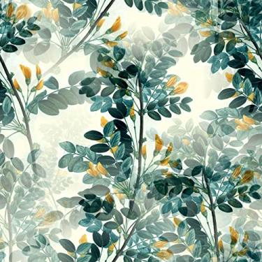 Imagem de Papel De Parede 10m Adesivo Folhas Verdes Flores Amarela Fundo Bege