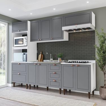 Imagem de Cozinha Pérola Completa 5 Peças Torre Quente Aéreo 3 Portas Balcão 120 Balcão 80 E Basculante Yescas Branco/cinza