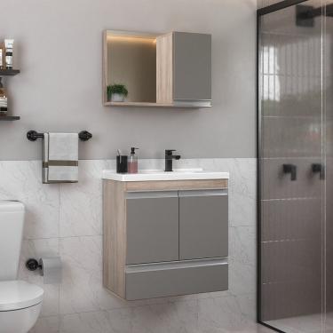 Imagem de Conjunto Gabinete Banheiro Fox 60cm (gabinete + Cuba + Espelheira) Madeirado Cinza