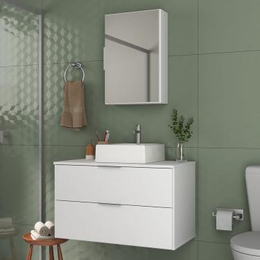 Imagem de Conjunto Gabinete Banheiro Rubi 80cm - Gabinete + Cuba + Espelheira Branco Inteiro