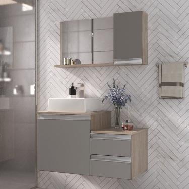 Imagem de Conjunto Gabinete Banheiro Cross 80 (gabinete+espelheira+cuba) Madeirado Cinza