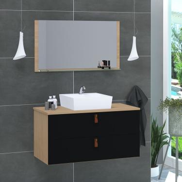 Imagem de Gabinete De Banheiro Suspenso 2 Gavetas Berlim 60cm Freijó Amadeirado E Preto - Preto
