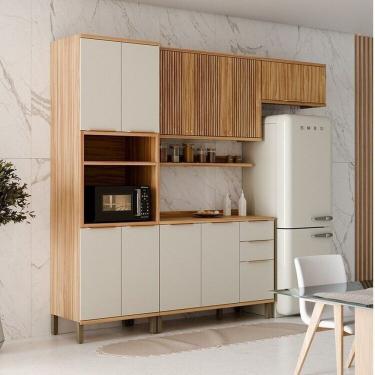 Imagem de Cozinha Modulada Compacta 270cm 4 Peças 10 Portas Com Tampo 100% Mdf Noruega Fresada Espresso Móveis Amêndoa-off