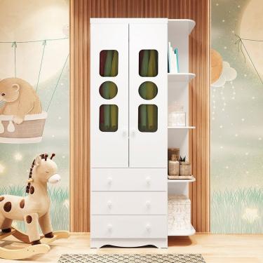 Imagem de Guarda-roupa Infantil 85,9cm 2 Portas 3 Gavetas Com Janelas E Prateleira Ezra 100% Mdf Espresso Móveis Branco