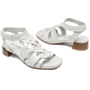 Imagem de Ruiee Sandálias femininas de salto grosso, salto baixo, tira no tornozelo, quadrada, bico aberto, elegantes sandálias para mulheres., Bege 090, 38