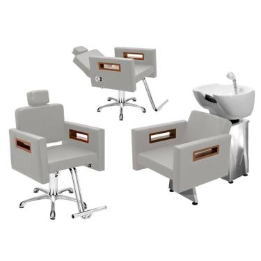Imagem de Kit Salão de Beleza 1 Cadeira Fixa + 1 Reclinável Estrela + 1 Lavatório Base Inox Tunísia