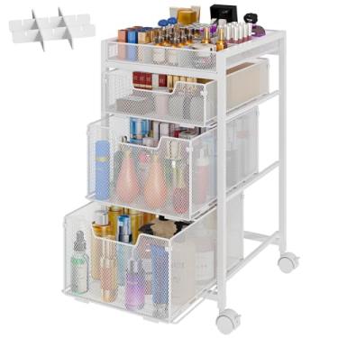 Imagem de JKsmart Organizador de carrinho de maquiagem com 3 gavetas, expositor de cosméticos com divisórias, armazenamento de cuidados com a pele no chão com rodas, organizador versátil para esmalte de unhas