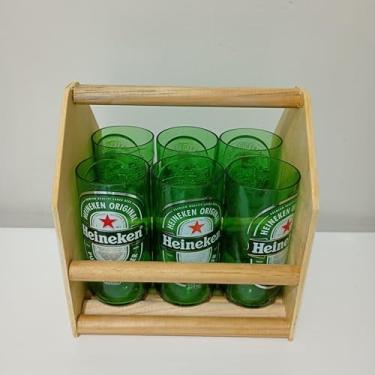 Imagem de Copos Artesanais Ecológicos de Garrafas Longneck de Vidro Verde com Caixote de Madeira | Coleção, Presente Único, Decoração Rústica e Sustentável