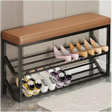 Imagem de Banco De Sapateira De 2 Andares Com Armazenamento De Metal Banco De Entrada Industrial Para Entrada Hall Suporte De Sapato Organizador E Assento, Black+brown, 80 * 20 * 48cm