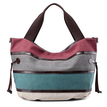 Imagem de Bolsas de ombro grandes femininas de lona Hobo Tote Shopper Bolsa de viagem de trabalho com listras de emenda, Roxa, Large
