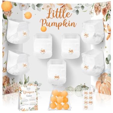 Imagem de Ctosree Jogo de fraldas para chá de bebê, 31 fralda, jogo de tabuleiro de chá de bebê, 7 fraldas, 10 bolas de plástico, 1 bolsa de organza para jogos de chá de bebê, meninos e meninas (abóbora)