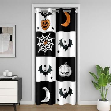 Imagem de Castle Fairy Cortina de porta de grade de Halloween 1 painel 86,4 cm L x 203,2 cm C linda abóbora lua morcego aranha teia cortina para porta de armário exterior preto e branco patchwork porta drapeada