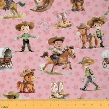 Imagem de jejeloiu Tecido infantil de cowboy de cavalo fofo da The Yard 1 jarda Tecido de estofamento ocidental para cadeiras, tecido ao ar livre, desenhos animados, botas de cavalo, chapéus, decorativo,