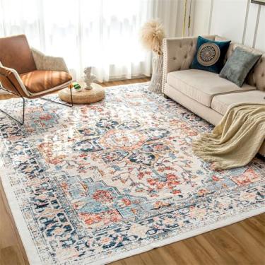 Imagem de ESSMOKO Tapete de sala de estar tapete vintage lavável à máquina, tapete tradicional, macio, de cabelo curto, para cozinha, escritório, 120 x 180 cm, cor branco e azul vintage