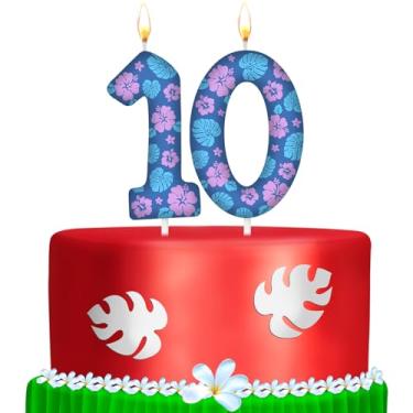Imagem de MTLEE 1 pacote número 10 velas de aniversário de desenho animado numeral folhas e topo de bolo de flores 10 velas para decoração de 10 anos de desenho animado lembrancinha de festa do Havaí, rosa e