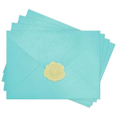 Imagem de 50 envelopes azuis perolados 10 x 15 com adesivos, envelopes brilhantes A4 para convites, ótimos para cartões de convite de casamento, festa de aniversário, chá de bebê, 11 x 16 cm