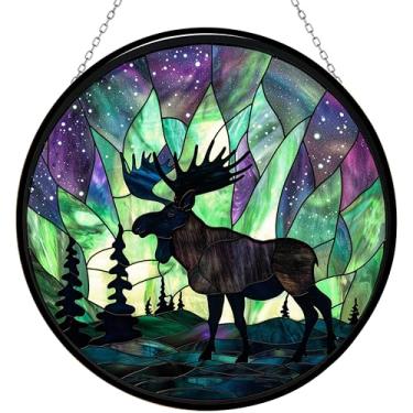 Imagem de 365CUSGIFTS Aurora Boreal Alce de Natal Captador de Sol 4 Estações Colorido Janela Ornamento de Parede Painel de Vidro Pintado à Mão Presente para Mulheres Presente de Natal de Ação de Graças 16 cm