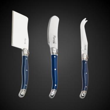 Imagem de Jogo De Facas Laguiole Para Corta Queijo 3 Artigos Com Bandeja De Madeira (Azul)