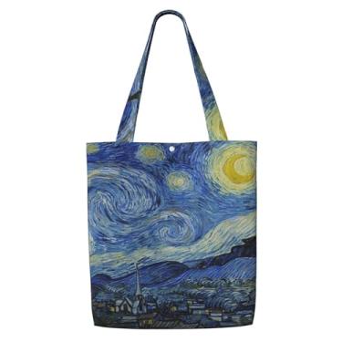 Imagem de MOLAIGIN Sacola de lona estética para mulheres, bolsas de ombro reutilizáveis para férias, compras, trabalho, mercearia, The Starry Night Van Gogh, One Size